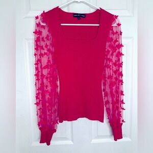 ALMOST FAMOUS Ribbed Knit Square Neck‎ Top Butterfly Sheer Sleeve Pink M